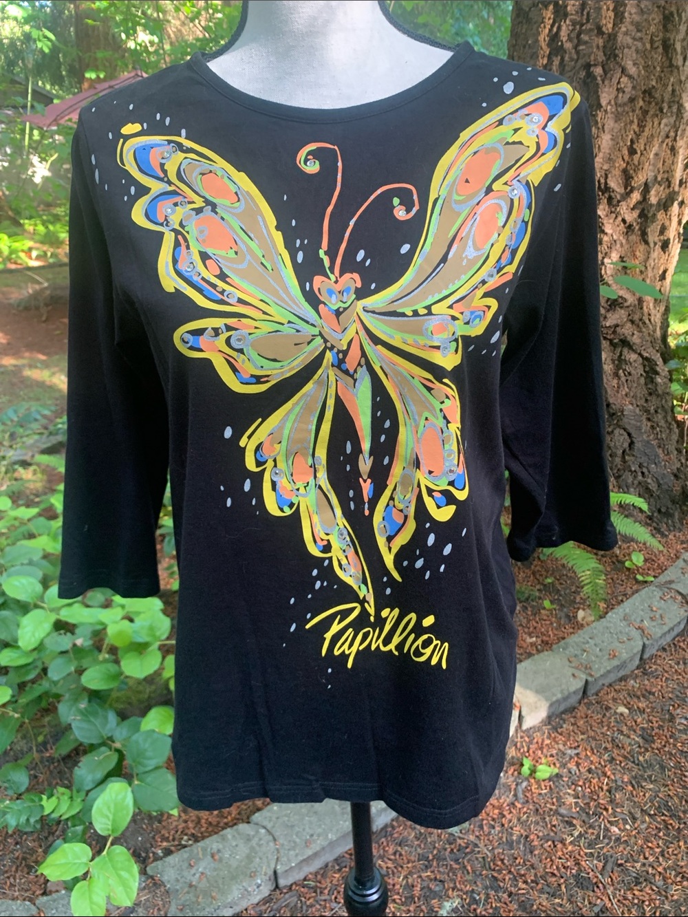 Bob Mackie Black Butterfly Graphic Tee with Yellow Accents